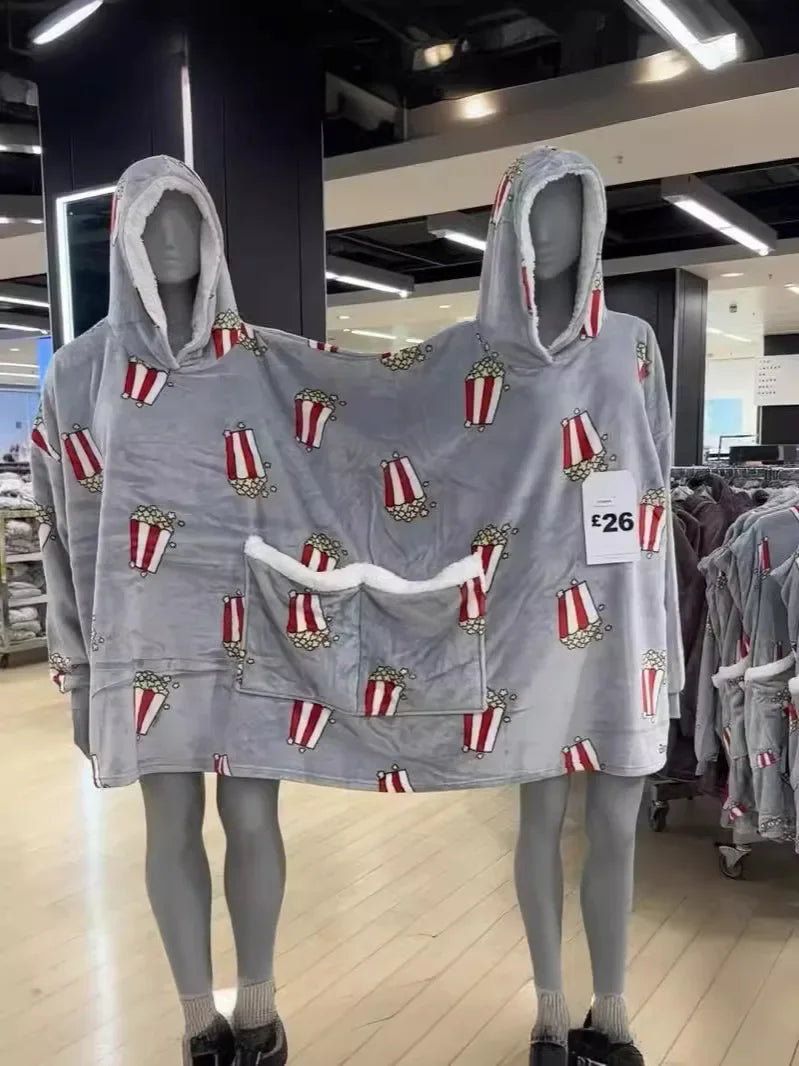 Creative Couple Matching Hooded Romper Sweatshirts Spring Summer New Style Close Knit Popcorn Print Intimate Pajamas