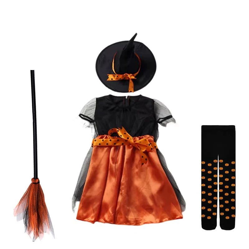 5 Styles Halloween Costume for Kids Girls Purple Bat Dress Halloween Fantasy Vampire Costume with Hat Broom Pumpkin Belt Set