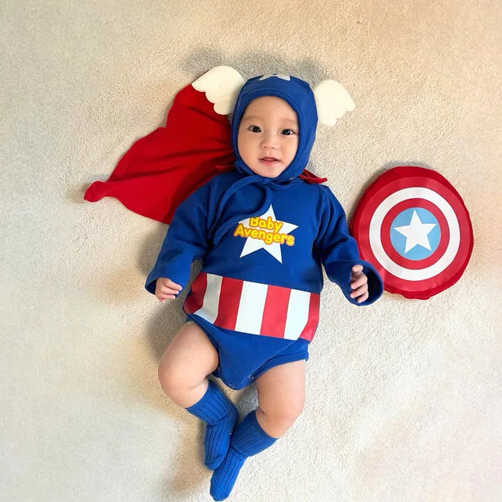 Fall 2025 Korean Superhero Baby Bodysuit Set Costume with Cape Shield & Hat for Cosplay Photoshoot One-Piece High quality Cotton