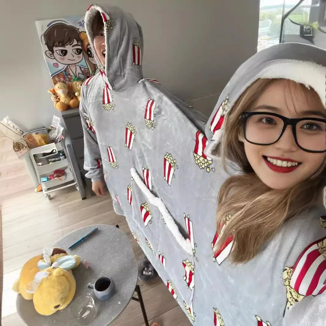 Creative Couple Matching Hooded Romper Sweatshirts Spring Summer New Style Close Knit Popcorn Print Intimate Pajamas