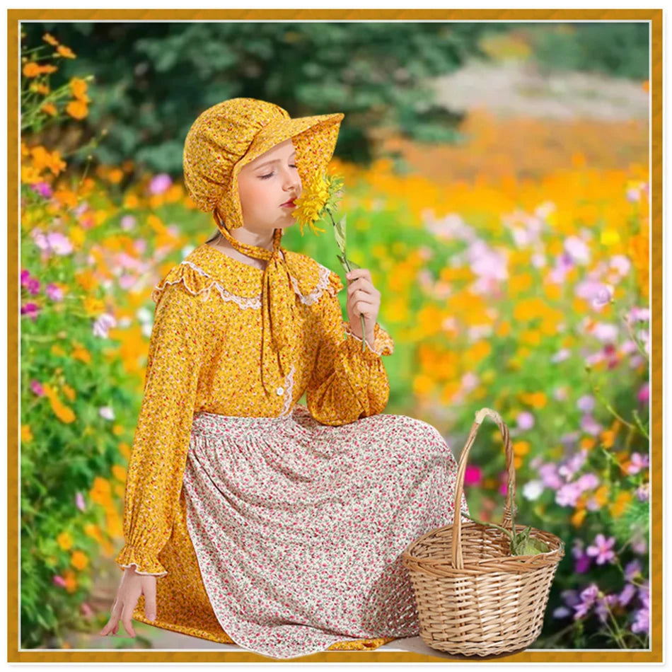 Frocks for Girls Kids Little Red Riding Hood Fairy Tale Drama Performance Costume Maid Suit Floral Pastoral Style Casual Dress