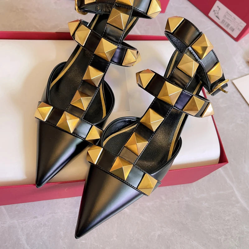 Women's Fashion Rivet High Heels 2023 Spring/Summer New Baotou Sandals Pointed Single Shoes