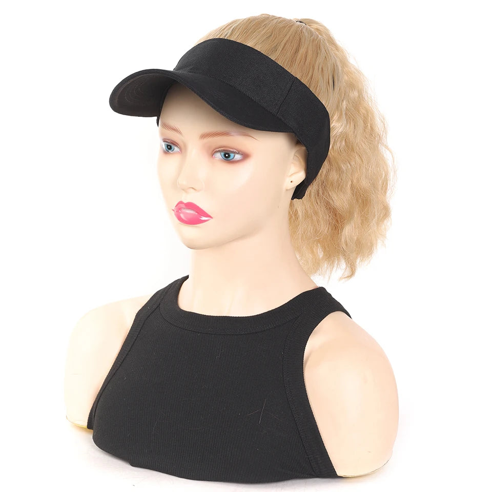 LUPU Synthetic Hair Curly Wave Ponytail Black Brown Baseball Cap Wig Adjustable Sun-Protective Sporty Style for Women Girls