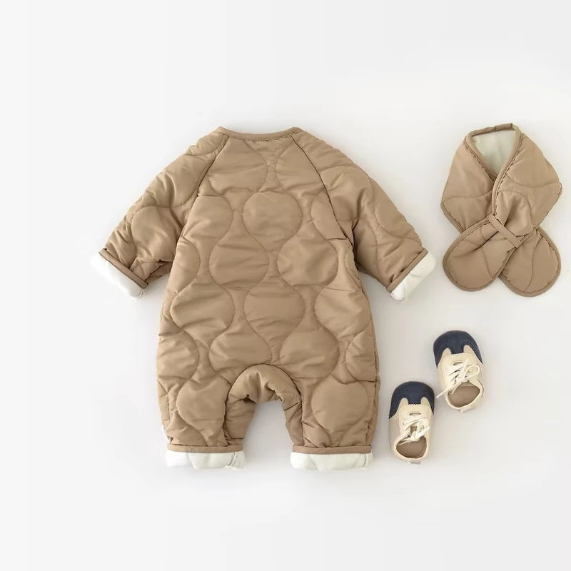 Baby Boy Autumn-Winter Thickened Romper with Scarf - Cute Letter Print Long Sleeve Onesie, Halloween Outdoor Warm Jumpsuit
