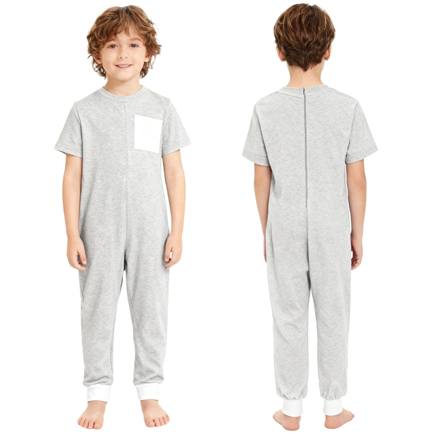 Kids Boys Girls Special Needs Adaptive Clothing Cotton Round Neck Short Sleeve Back Zipper Solid Color Full Body Jumpsuit Romper