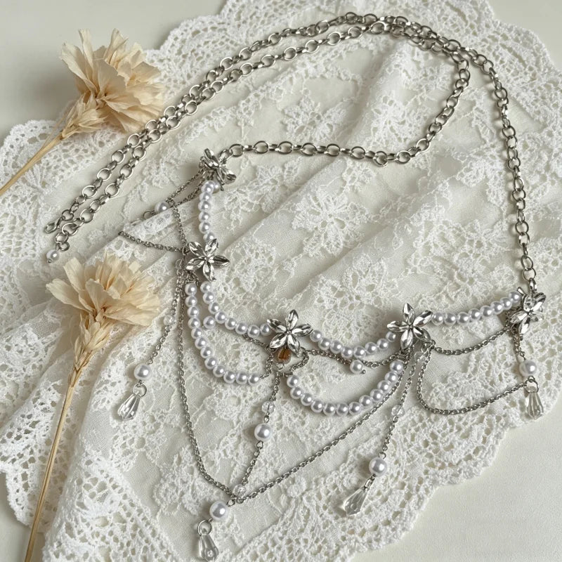 Fashionable Multi-Layer Pearl Tassel Waist Chain for Women Elegant Floral Body Chain Summer Holiday Accessory Gentle Style