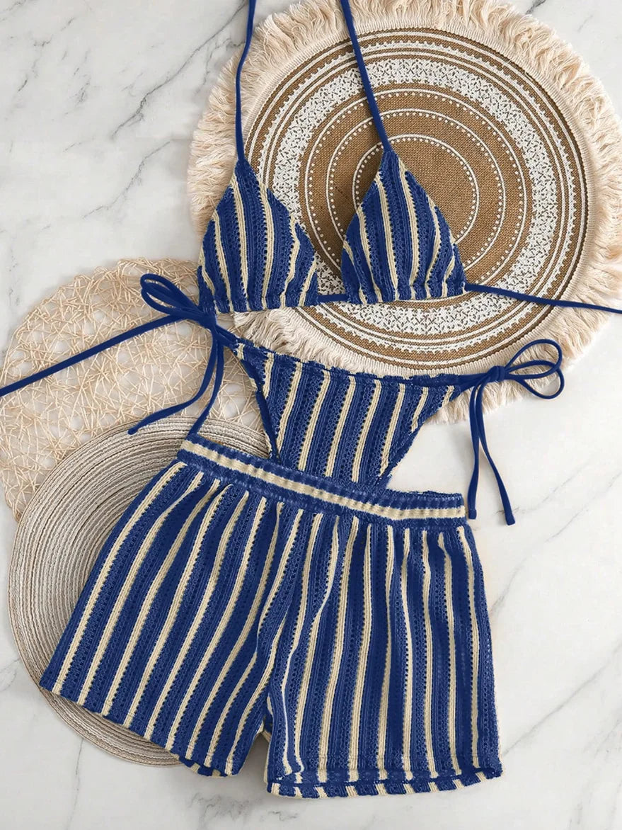 3pcs/Set Bohemian Style Crochet Fabric Drawstring Swimsuit Cover Up Bikini Set For Summer Beach Vacation