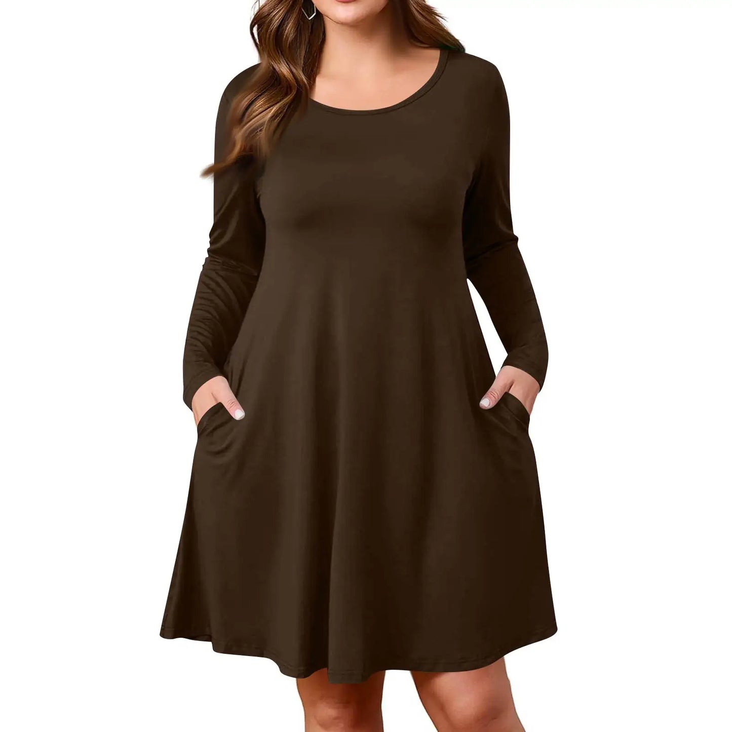 Plus Size Dress for Women Solid-Colour Casual Dress Spring/Autumn Pocket Round Neck Long-Sleeved Dresses vestidos femenino