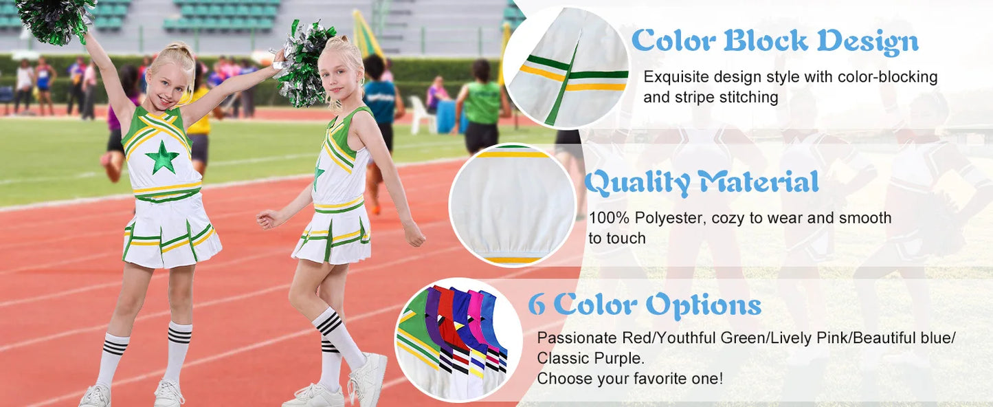 LOlanta 4Pcs Girls' Cheerleading Costumes with Socks Kids School Performance Cheerleader Outfit Halloween Fancy Dress Up 4-14Y