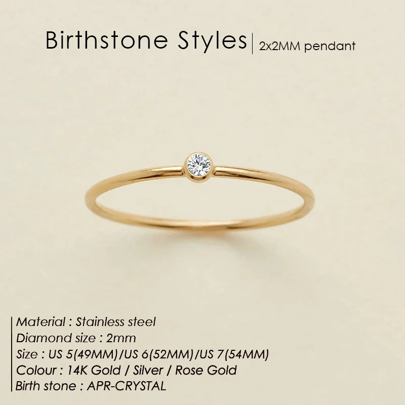 14K Gold Plated Stainless Steel Birthstone Ring for Women Tiny Thin Stacking Ring Colorful Zircon Crystal Aesthetic Jewelry Gift