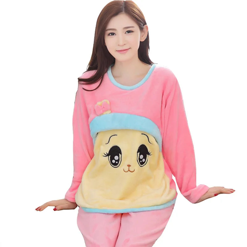 Autumn Long Sleeve flannel Maternity Clothing winter Thin coral fleece Pajamas Set Pregnant Women Breastfeeding Nursing Pyjama