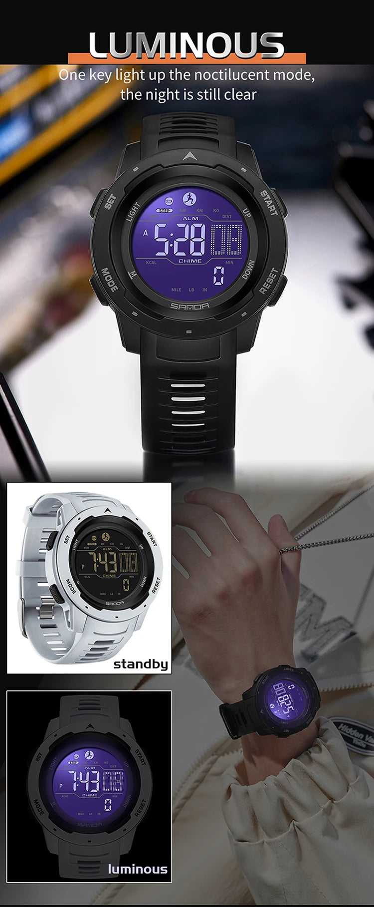 SANDA Brand Men Watches Sports Pedometer Calories 50M Waterproof LED Digital Watch Military Wristwatch Relogio Masculino 2145