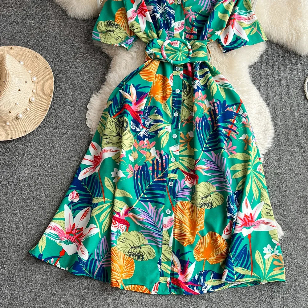 2024 New Summer Women Dress Fashion Print Floral A-line Shirt Dress with Belt Elegant Vintage Off Lady Dress Casual Vestidos
