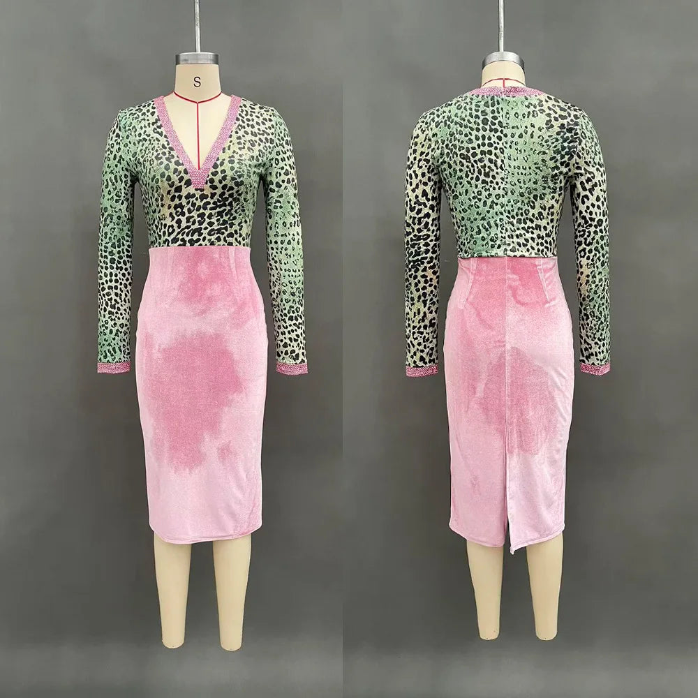 Spring And Autumn New Comfortable Casual Dress Women's Sexy V-neck Stitching Slim Wrap Hip High-waisted Long-sleeved Dresses