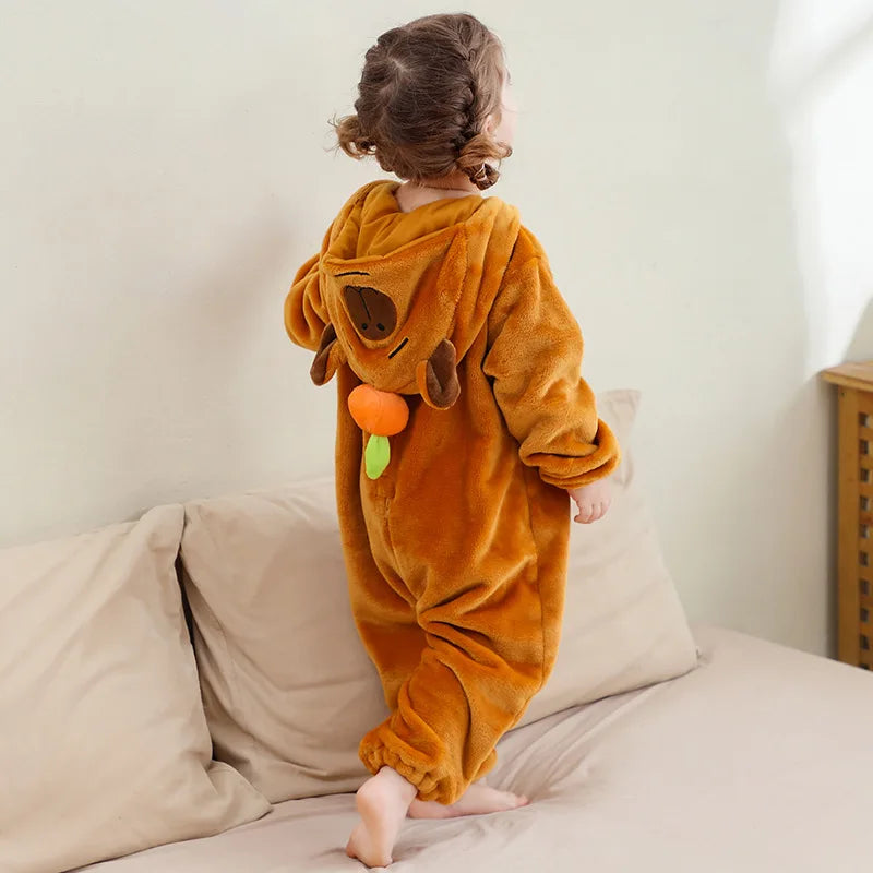 Baby Boy Girl Children Capybara Cosplay Costume Flannel Pajamas Set Cartoon Animal Suit Kids Baby Onesie Hooded Sleepwear