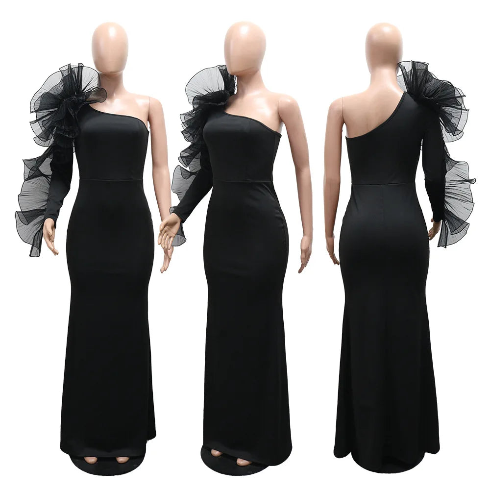 One Shoulder Long Dress Women Elegant Party Dresses Ruffles Sleeve Bodycon Evening Summer Dresses Female Birthday Dress HWY1896