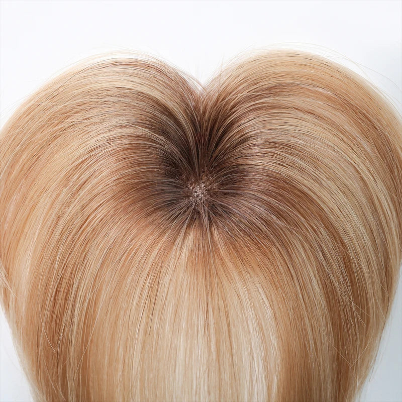 100% Human Hair Blonde Ombre Blunt Cut Wispy Bangs with Sideburns 5x5cm Clip-in Fringe Hairpiece with Top Hair Patch for Daily