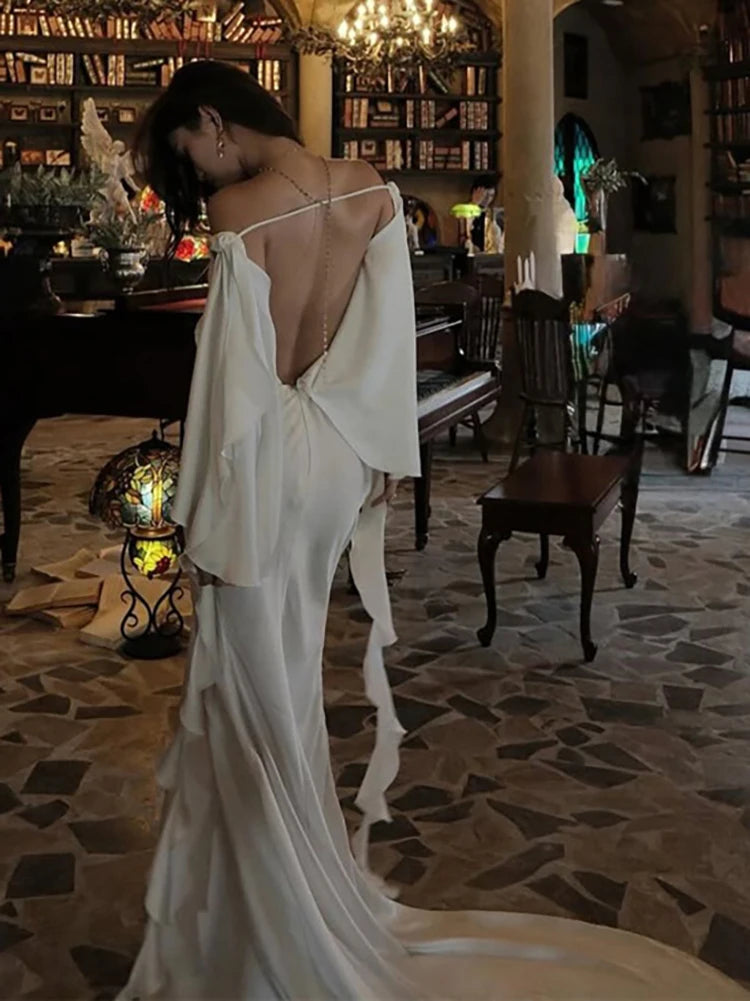 SIsterlinda Elegant Sexy Wedding Dress Women 3d Flowers Slash Neck Backless Irregular Ruffled Tassels Dinner Party Chic Vestidos