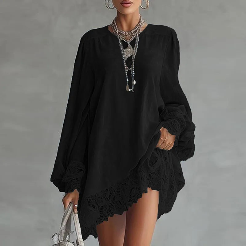 Woman Sexy V Neck Patchwork Lace Party Dress Spring Elegant Solid Loose Mini Dress Autumn Long Sleeve A-Line Boho Dress Vestidos