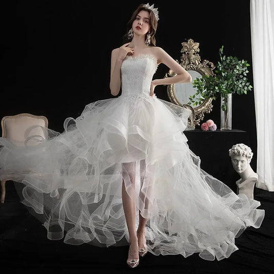 New Front Short Long Back Strapless Wedding Dress Sweet Bride Dress