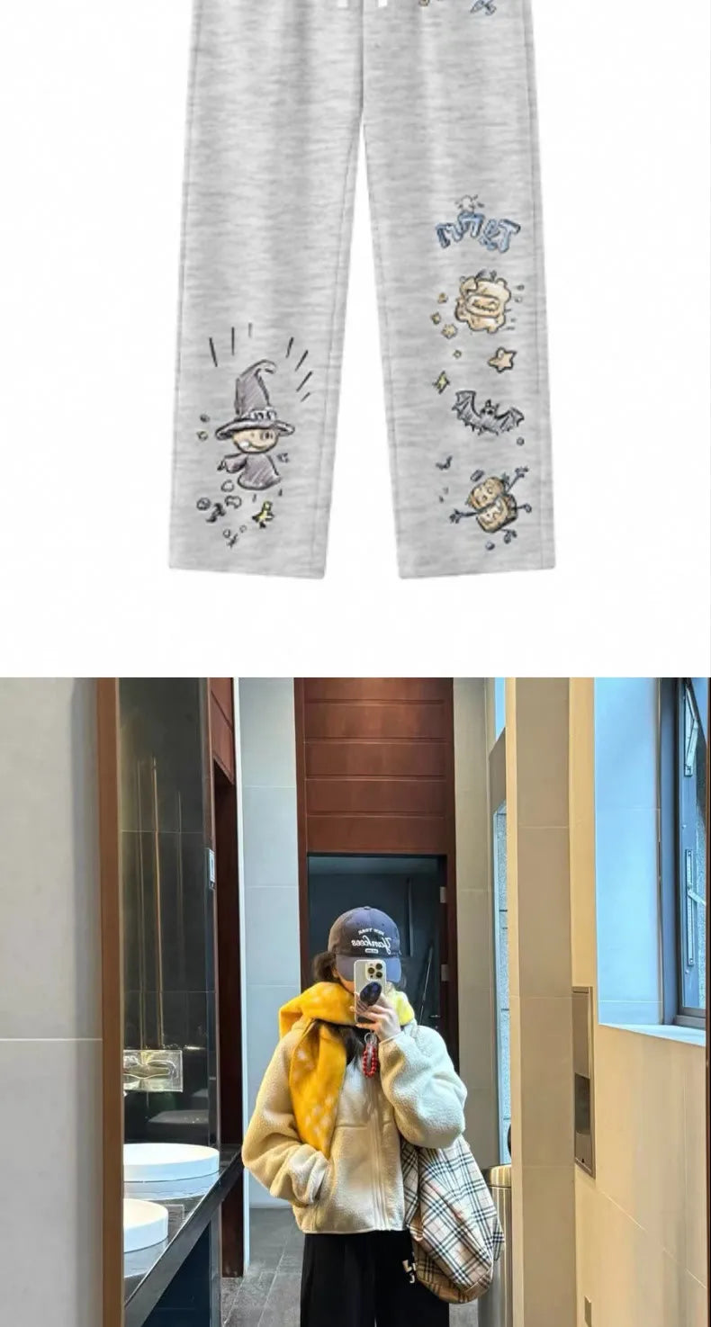American Retro Graffiti Print Casual Pants for Men, Spring and Autumn Trendy Brand Loose Plus-size Straight Wide-leg Long Pants