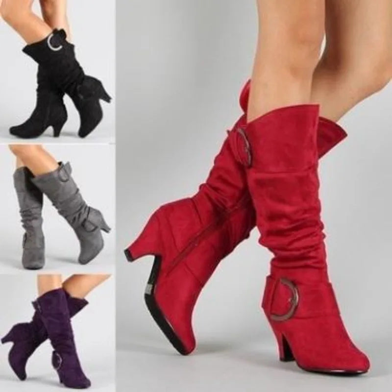 Women's Boots Mid Calf New Fashionable Bohemian Boots Square Heel European and American Belt Buckle Metal Decoration Women Shoes