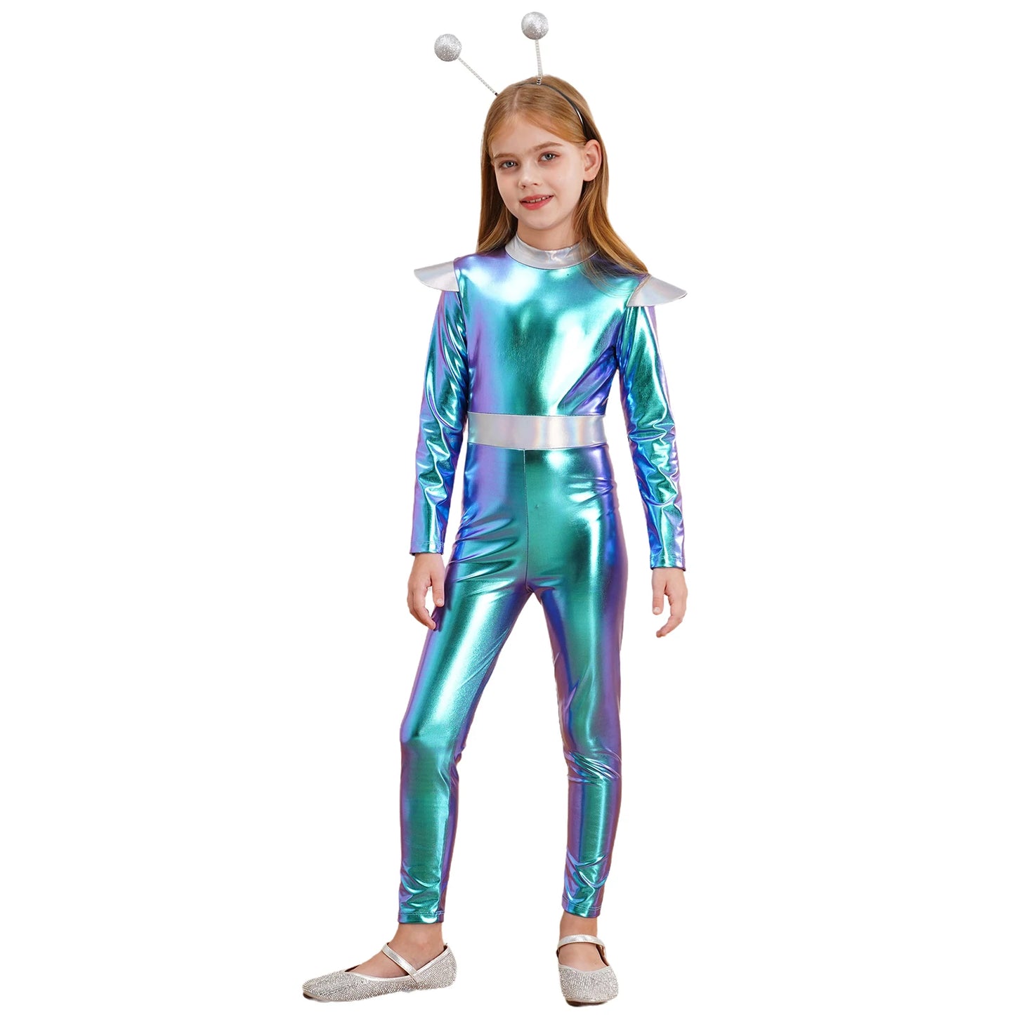 Kids Boys Girls Halloween Carnival Alien Cosplay Performance Costume Long Sleeve Metallic Shiny Space Jumpsuit with Hair Hoop