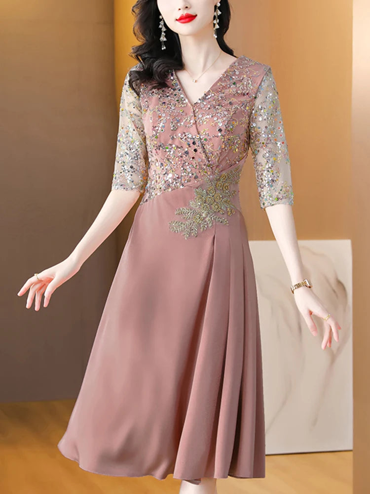 Summer New Sequins Luxury Chic Evening Wedding Dress 2024 Women's Elegant Bodycon Midi Dress Satin Vintage Casual Party Vestidos