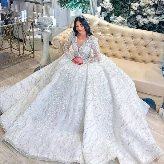 Gwn&Gce 2026 Lace Sequins Customized Beaded Wedding Dresses Ball Gown V Neck Full sleeve Bridal Dress Lace Up Vestidos De Novia