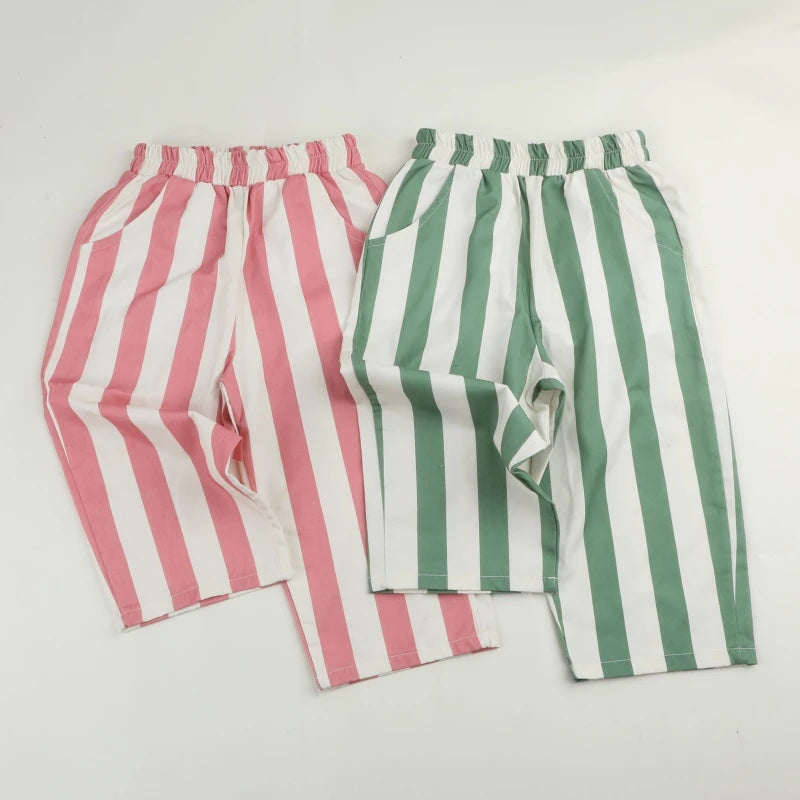 Summer Autumn New Boy Girl Children Loose Striped Casual Pants Baby Pockets Pants Kid Outdoor Cotton Trousers Toddler Costume