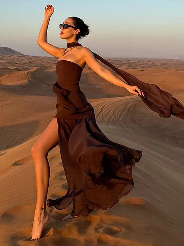 2025 New Strapless Dress With Ribbon Women's Elegant Sleeveless Mesh Beach Vacation Long Dress Spring Fashion Lady Dress