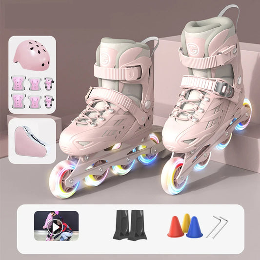 4 Wheels Flashing Inline Skates with Full Protective Gear Set Helmet Knee Pads Elbow Pads Carry Bag Adjustable Size for Boy Girl