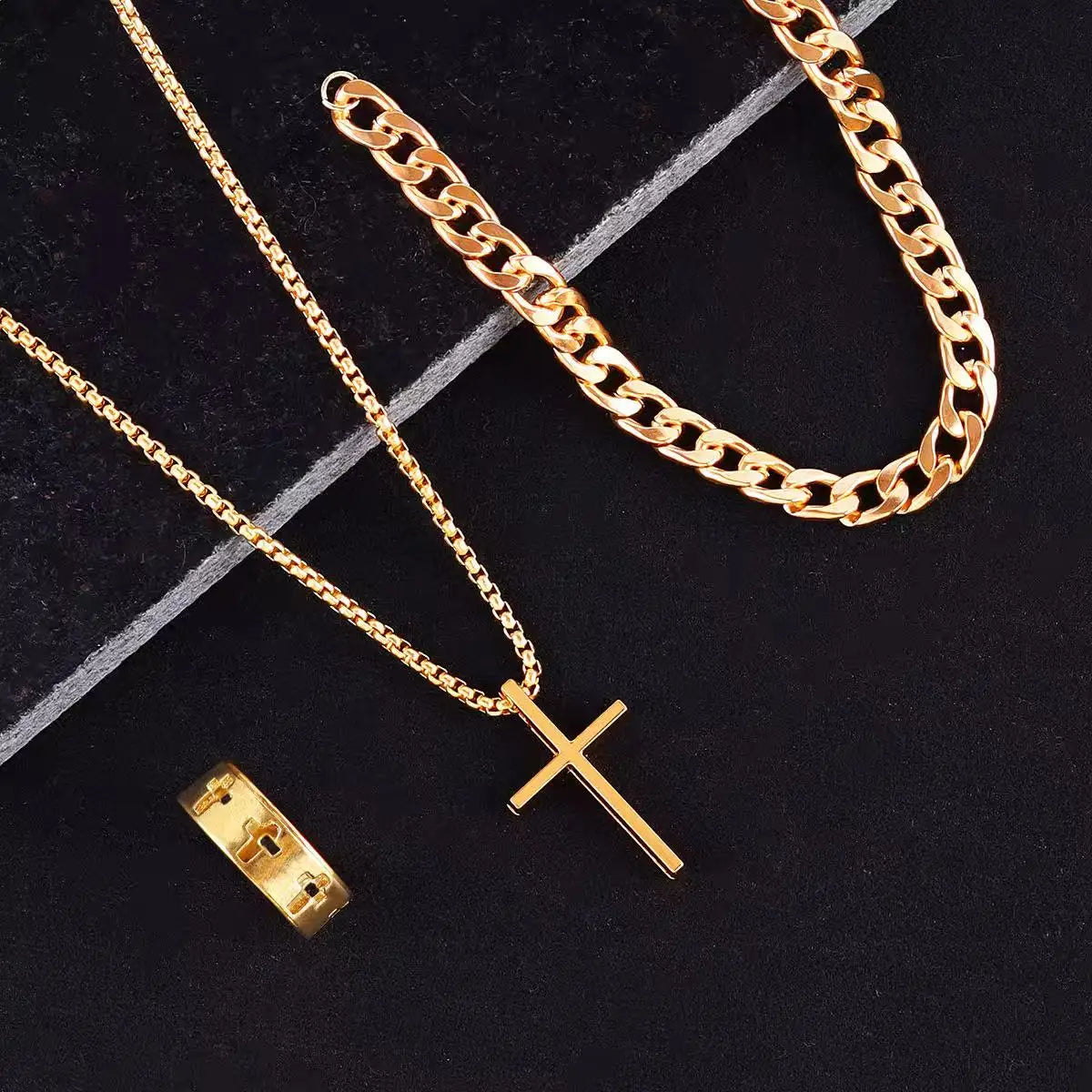 Men's 3pcs Fashion Alloy Jewelry Set - Cross Pendant Necklace, Bracelet & Ring Combo