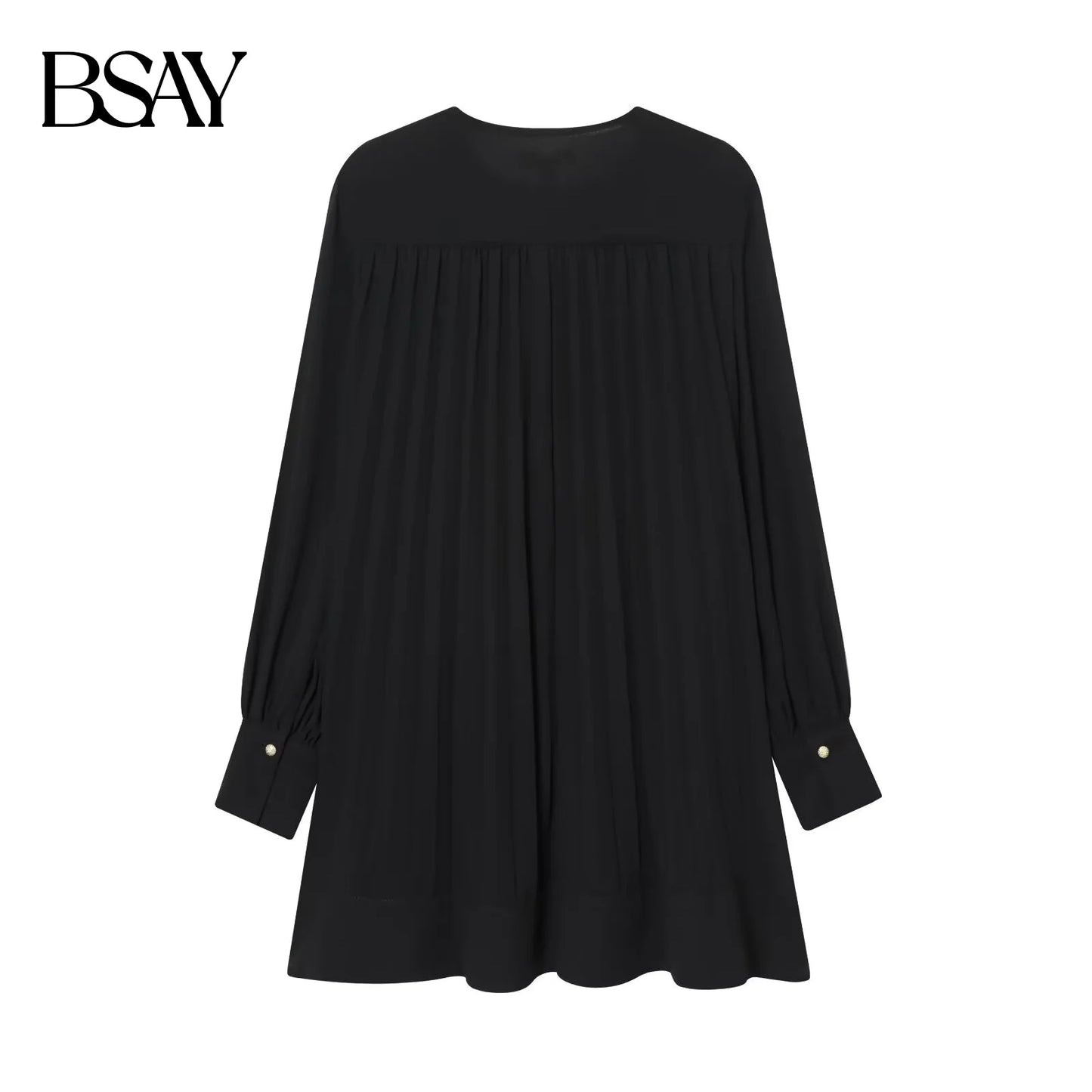 BSAY Autumn New 2025 Women's Lantern Sleeves Round Neck pleated Solid Color Fashion Casual Dress Short Skirt