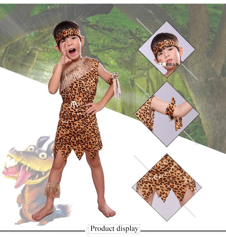 Halloween Costume Adult Kids Savage Caveman Costumes African Tribal Hunter Clothing for Girl Performance Costumes Cosplay Dress