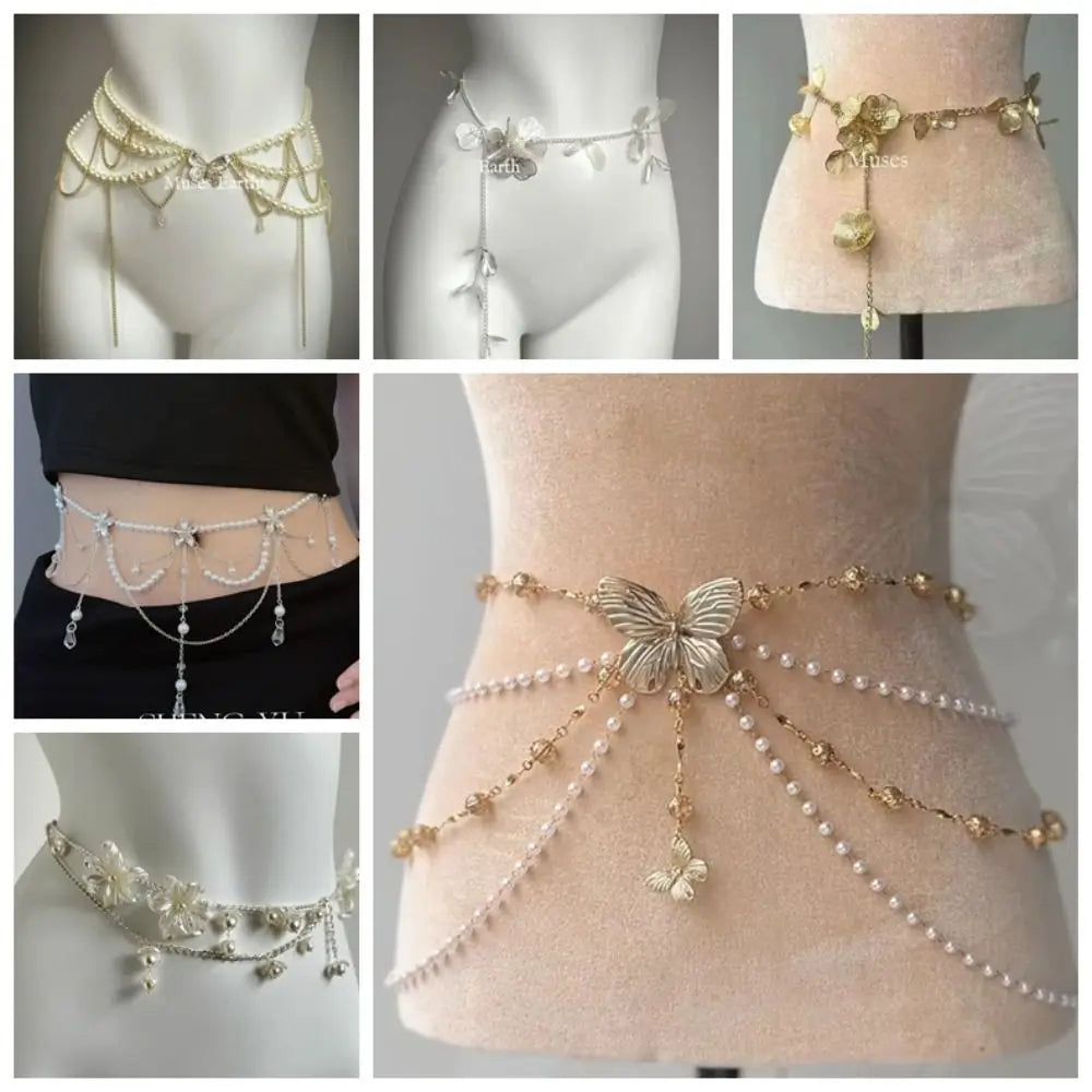 Fashion Elegant Pearl Waist Chains Versatile Waist Accessory Floral Belly Chain Boho Body Jewelry Women
