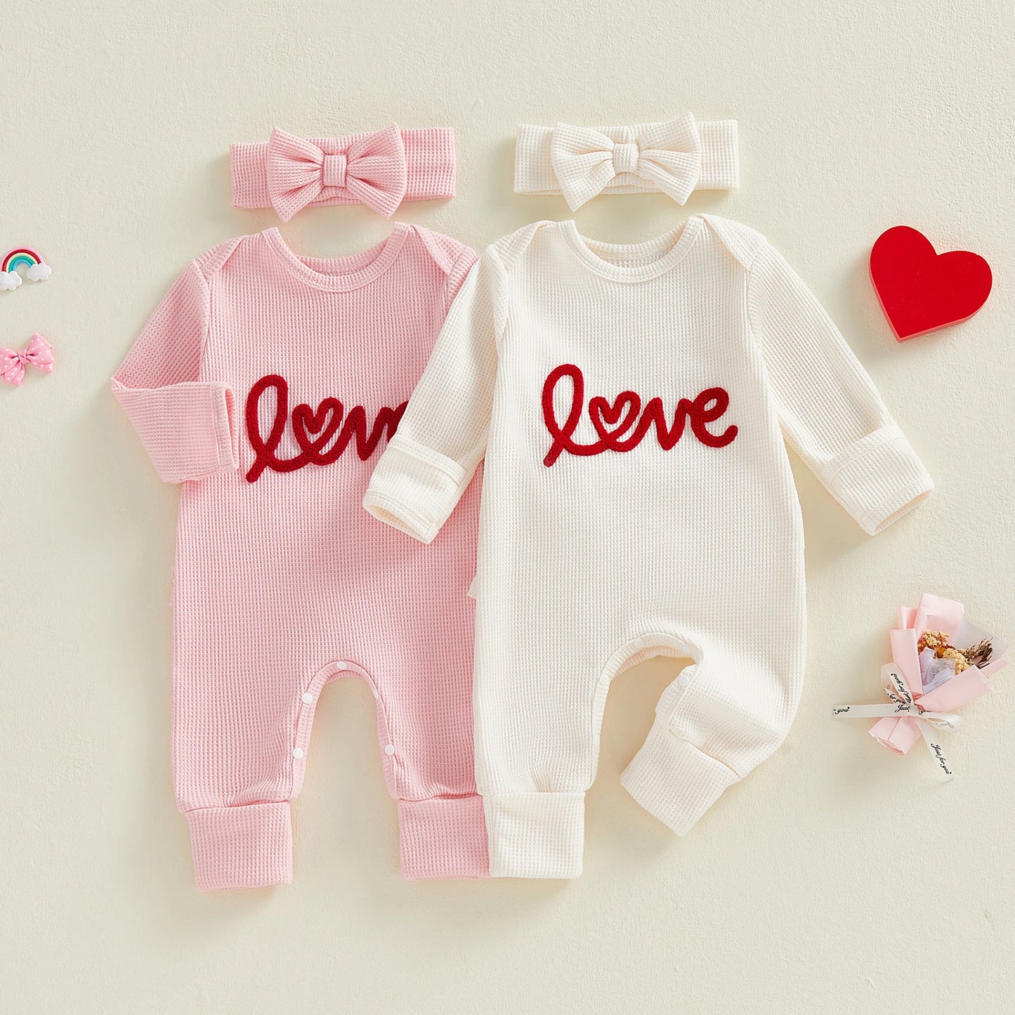 Spring Valentine's Day Infant Baby Girls Bodysuit Waffled Letter Embroidery Long Sleeve Jumpsuit Bow Headband Clothes