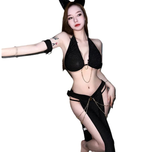 Halloween Women Sexy Lingerie Cosplay Cat Costumes Black Witch Halter Hollow Top with Dress Nightgowns Role Play Robe Dress