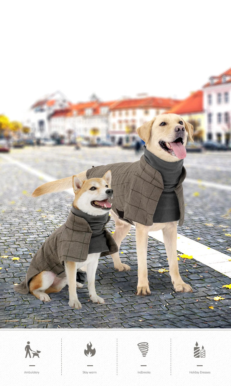 Thickened British Style Luxury Designer Dog Clothes High-neck Fashionable Plaid Dog Jacket with Leash Hook Large Dogs Dresses