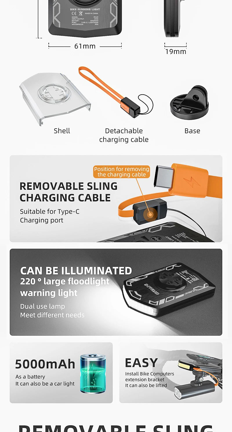 CYCLAMI RVL01 Bicycle Headlight Daytime  Front Light 5000mAh Bike Safety Visibility Cycling Light for Garmin XOSS IGS Charging