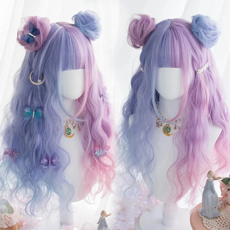 Synthetic Long Curly Wavy Lolita Wig with Bangs Wig Girl Cute Ombre Pink Blonde Black Cosplay Party Halloween Harajuku Wig
