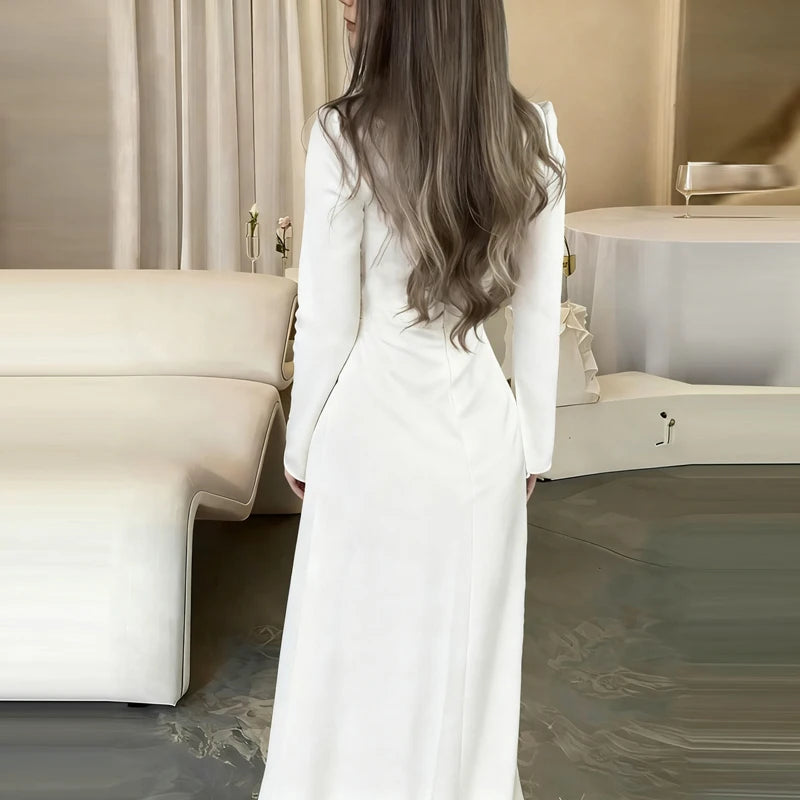 White Slim High Waist Banquet Dress Temperament Women Long Sleeve Party Maxi Dresses Fashion Square Collar Pleated Evening Dress