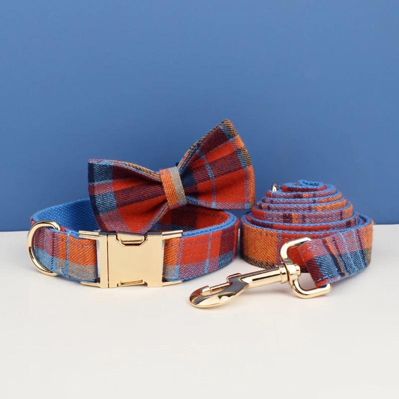 Plaid Dog Collar Designer With Bow Tie Custom Dog Accessories Luxury Pet collar leash set