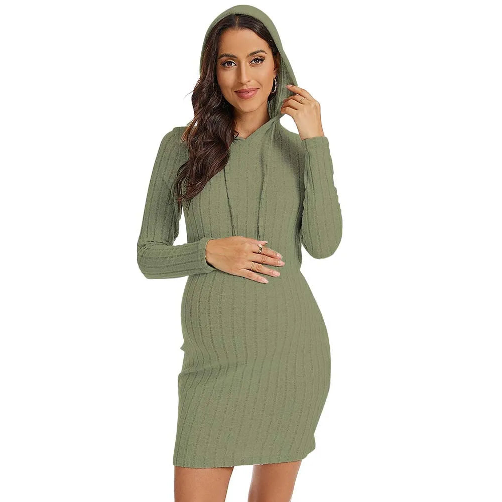 Pregnancy Dresses Relaxation Maternity Clothing Autumn Solid Color Knit Hoodie Daily Dress Close-fitting Skirt Women Clothes