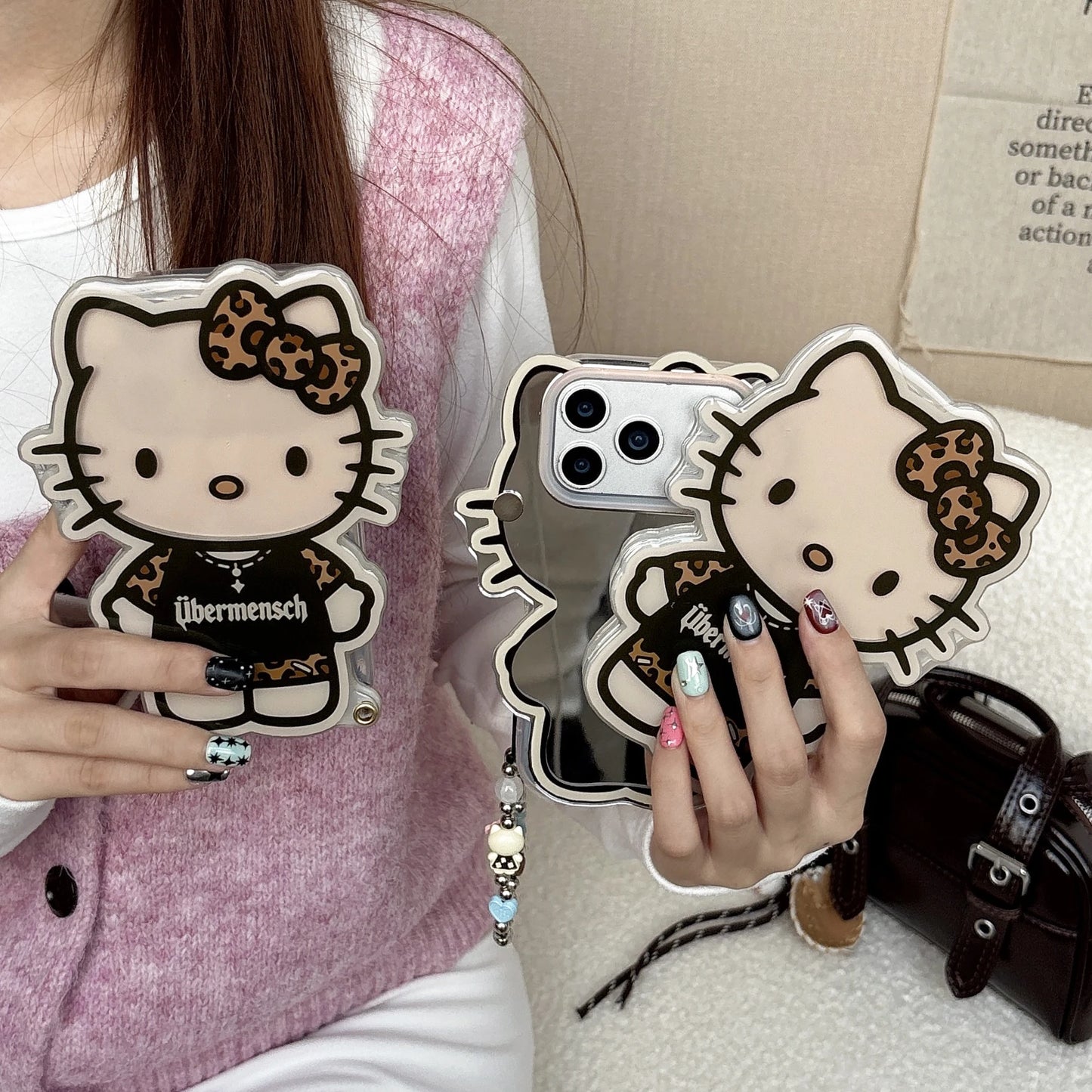 Sanrio Cartoon Glowing Hello Kitty Girlish Mirror Phone Case For IPhone 17 Pro Max 16 15 14 Promax Leopard Print Anti-drop Cover