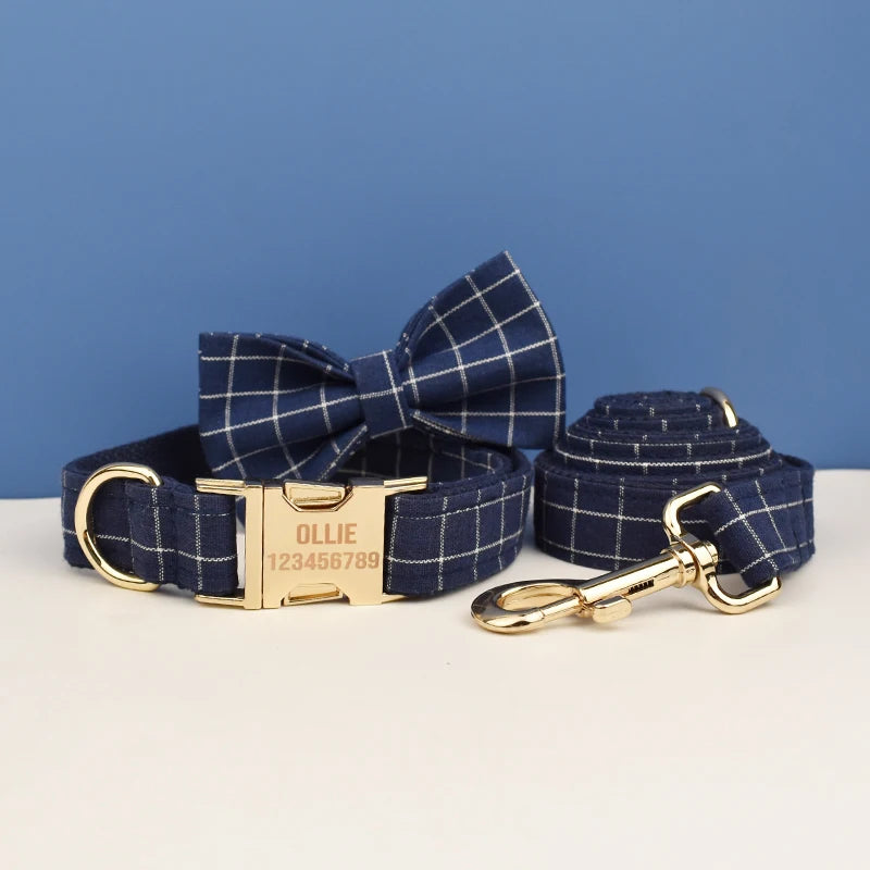 Plaid Dog Collar Designer With Bow Tie Custom Dog Accessories Luxury Pet collar leash set