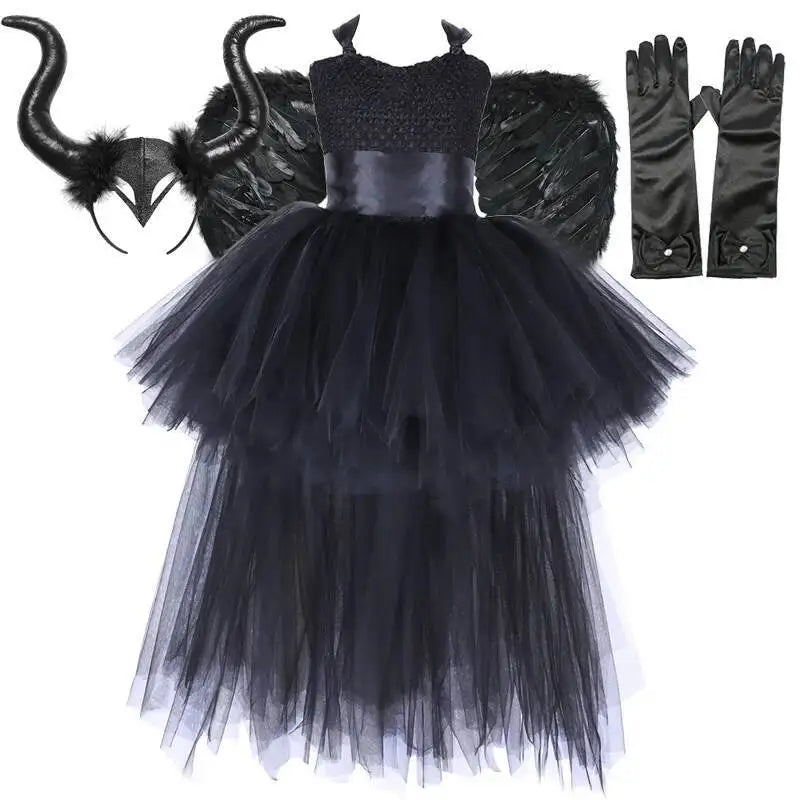 Dark Witch Halloween Costumes for Girls Black Devil Angel Fancy Trailing Dress with Feather Wings Bat Horns Kids High Low Outfit