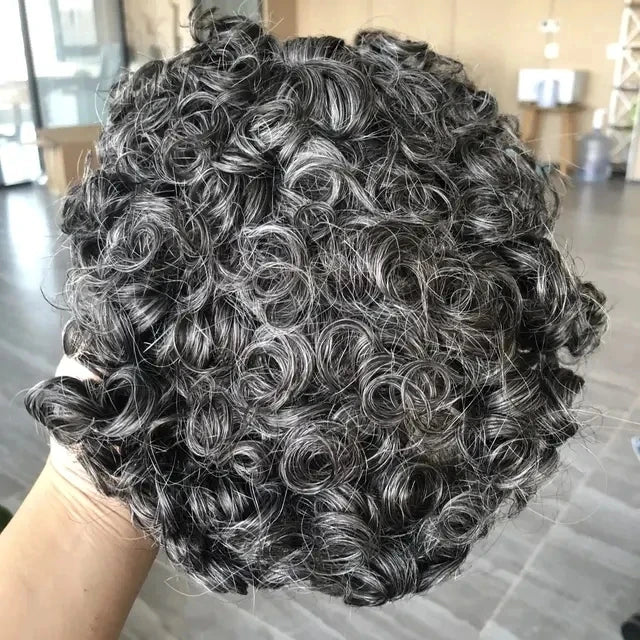 100% Human Hair Man 25mm Loose Curly Hair Replacement System Durable Skin Base Brown Gray Blonde #4 1B65 Prosthesis Hairpieces