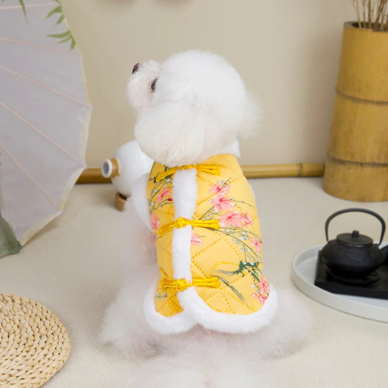 Vintage Pet Winter Warm Coat Puppy Clothes for Small and Medium Doggy Pomeranian Chihuahua Jacket With Flower Outdoor Clothing