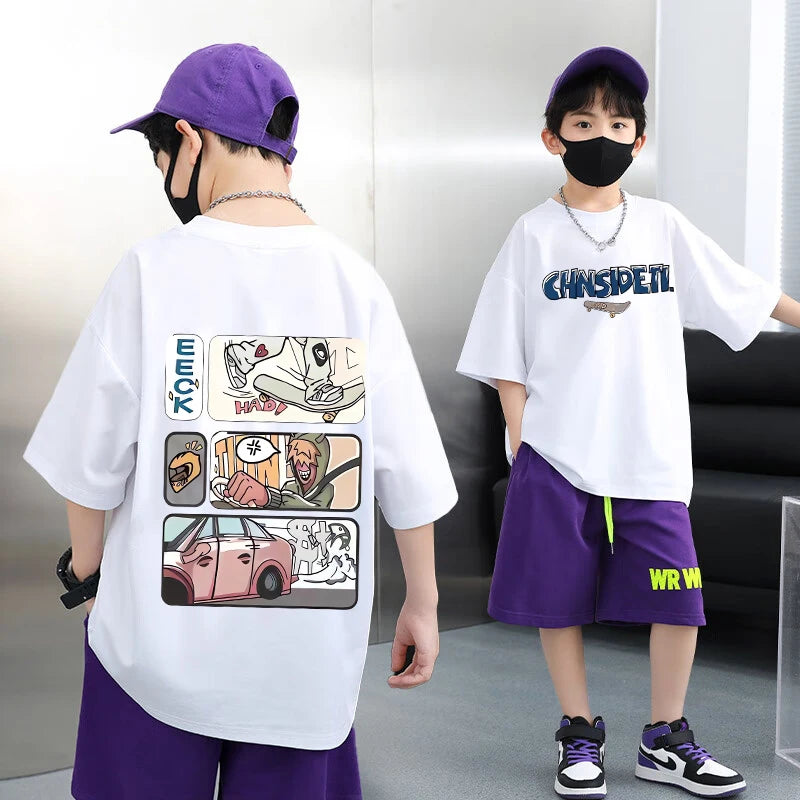Summer 100% Cotton Boys Blue T-shirt Cool Graffiti Printed Girls Tees Short Sleeve Children Tops High Quality Kids Clothes 2024